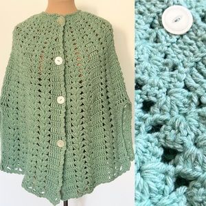 Vintage Green Crocheted Cape Knit Boho Hippie Sweater Poncho